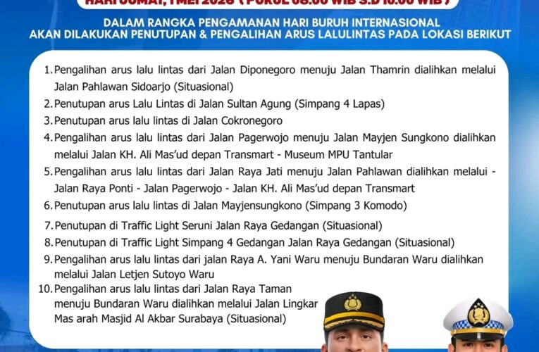 Rekayasa Lalu Lintas Sidoarjo Saat May Day, Sejumlah Jalan Ditutup